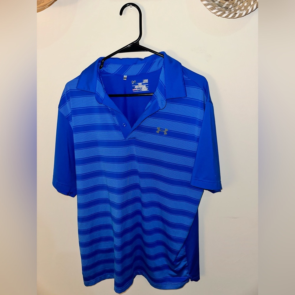 Blue Large Under Armor Polo with Light Blue Horizontal Stripes